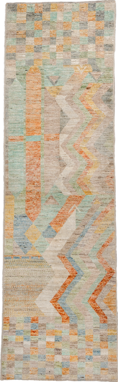 2' x 9' one-of-a-kind handmade vintage Tulu runner rug. Color palette: brown, gray, light gray, off-white, orange, pink