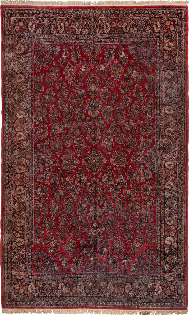 12' x 19' one-of-a-kind handmade vintage Sarouk oversize rug. Color palette: black, brown, burgundy, charcoal, dim gray
