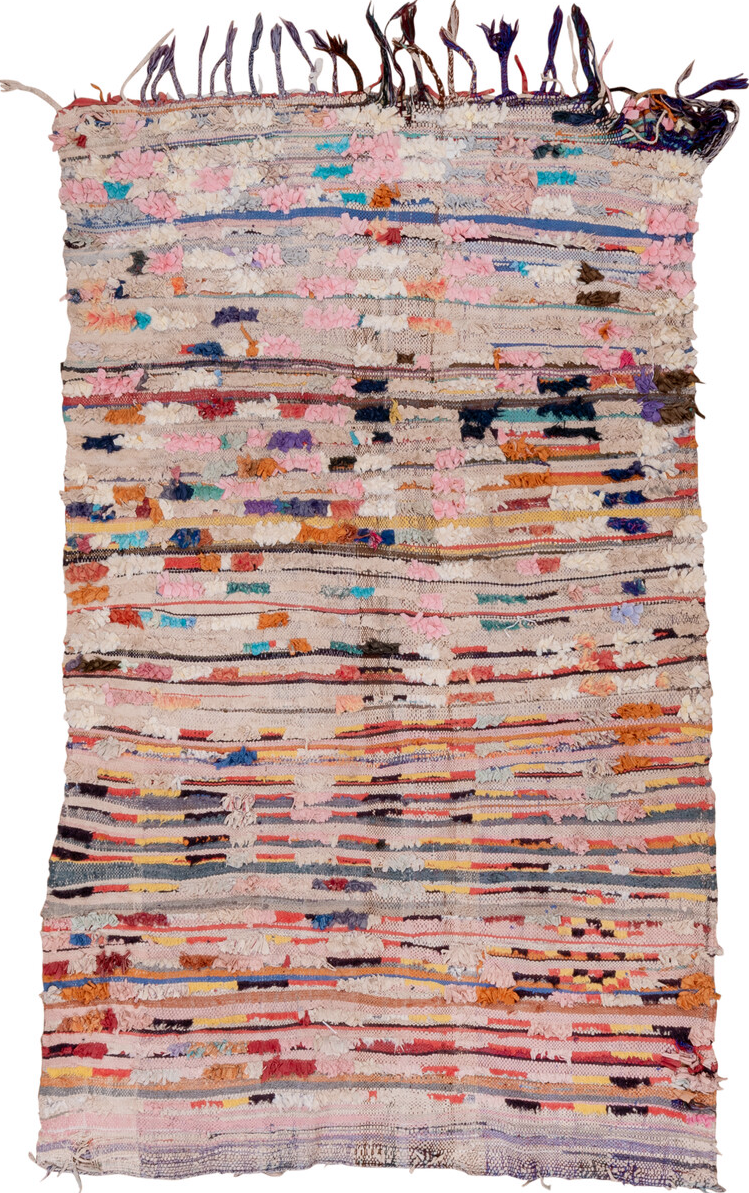 4' x 7' one-of-a-kind handmade vintage Rag Rug rug. Color palette: blue, brown, dark gray, gray, light gray, off-white, pink