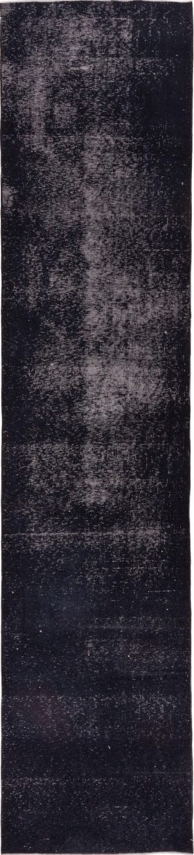3' x 13' one-of-a-kind handmade vintage Overdyed runner rug. Color palette: black, charcoal, dim gray, gray, light gray