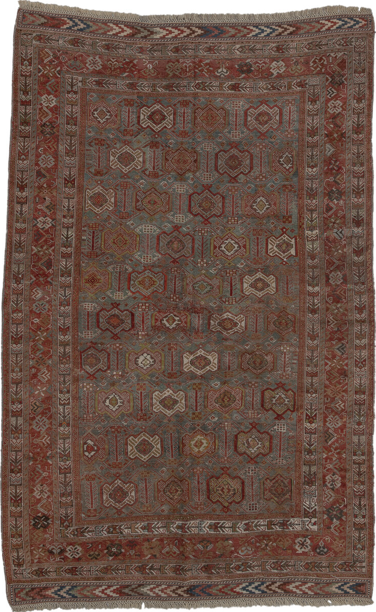 4' x 7' one-of-a-kind handmade vintage Afshar rug. Color palette: brown, dim gray, gray, pink, red