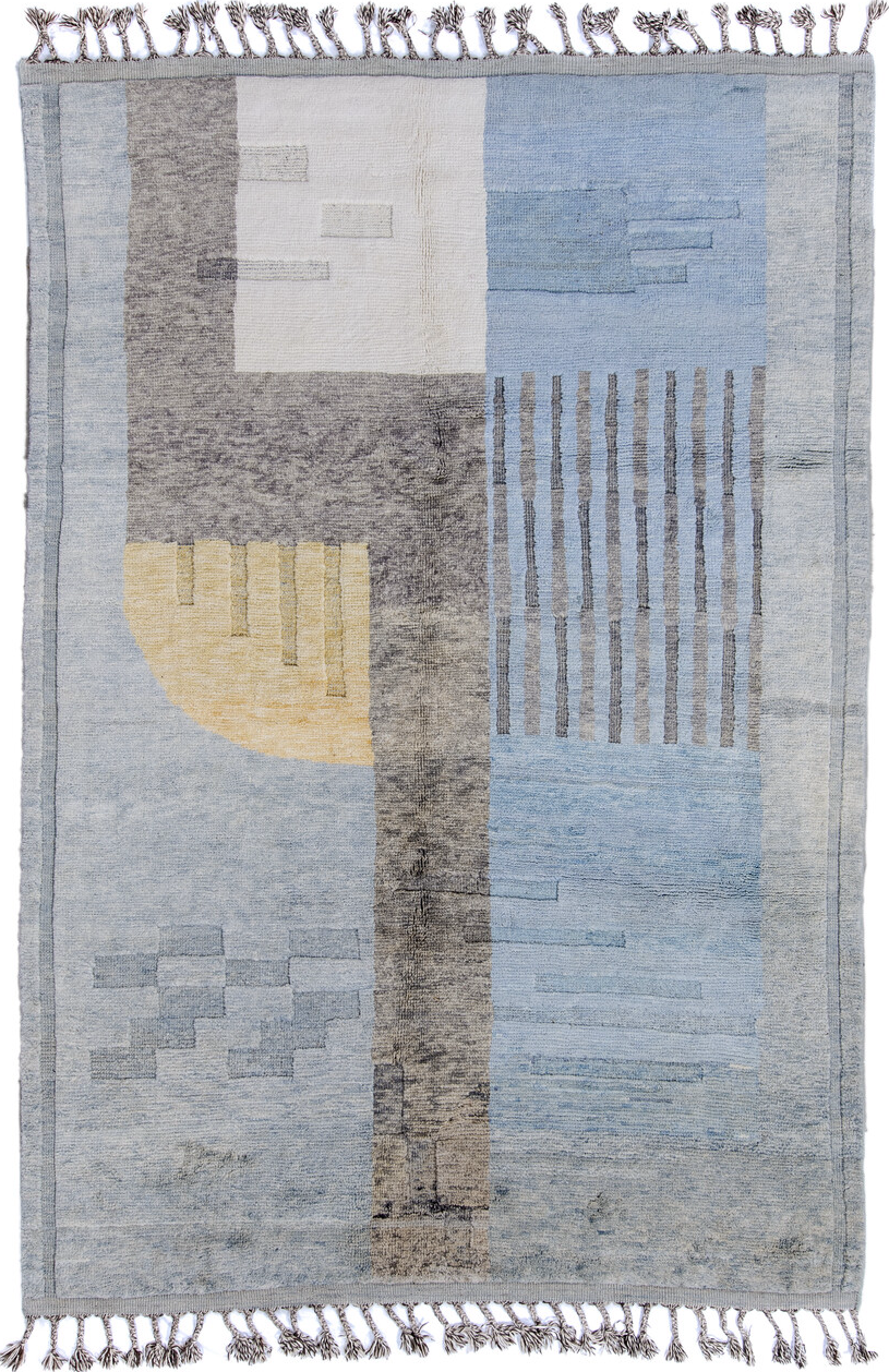 6' x 10' one-of-a-kind handmade vintage Tulu large size rug. Color palette: black, blue, brown, dark gray, dim gray, fiord