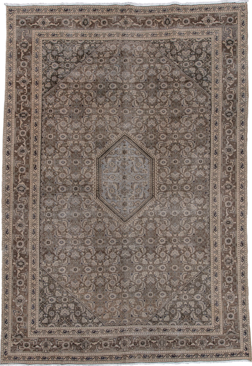 7' x 10' one-of-a-kind handmade vintage Tabriz large size rug. Color palette: black, brown, charcoal, dark gray, dim gray