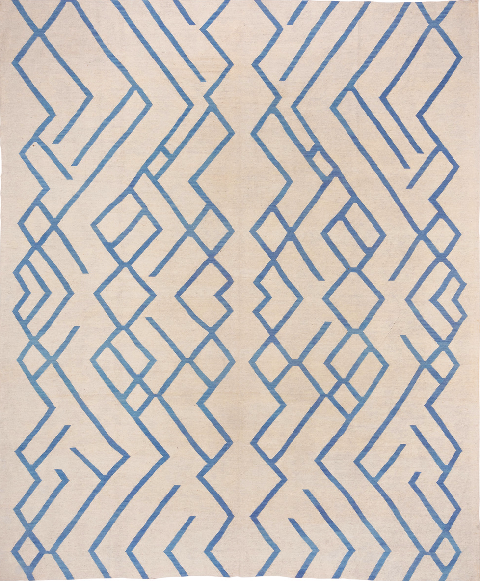 10' x 13' one-of-a-kind handmade vintage Kilim large size rug. Color palette: blue, brown, dark gray, gray, light blue