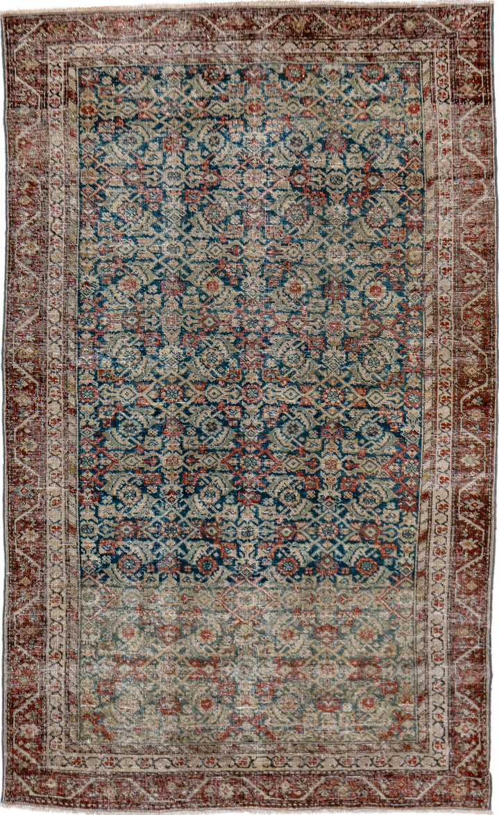 3' x 6' one-of-a-kind handmade vintage Farahan small size rug. Color palette: arapawa, black, blue, brown, charcoal, gray