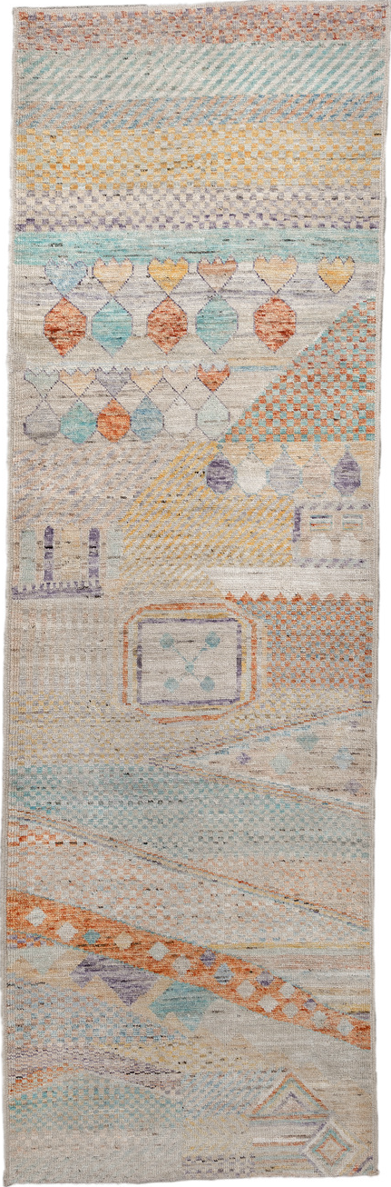3' x 9' one-of-a-kind handmade vintage Tulu runner rug. Color palette: off-white, gray, light gray, brown, pink, blue