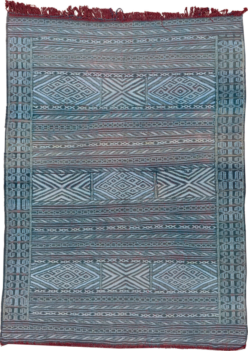 4' x 6' one-of-a-kind handmade vintage Kilim small size rug. Color palette: black, blue, brown, dark gray, dim gray, gray