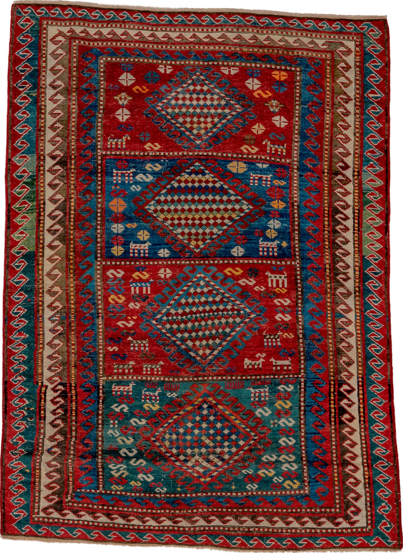 3' x 5' one-of-a-kind handmade vintage Caucasian small size rug. Color palette: blue, brown, dark red, gray