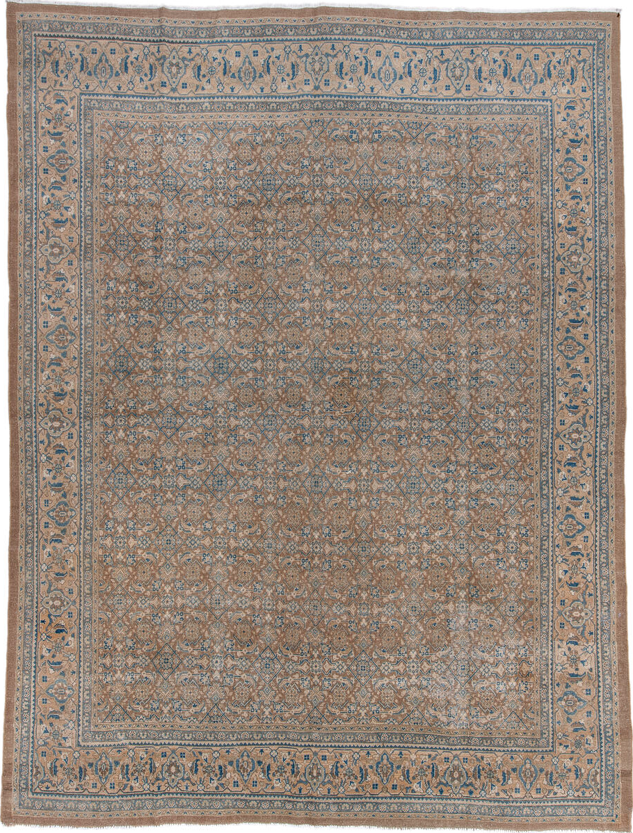 9' x 13' one-of-a-kind handmade vintage Mahal large size rug. Color palette: blue, brown, fiord, gray, light gray, off-white