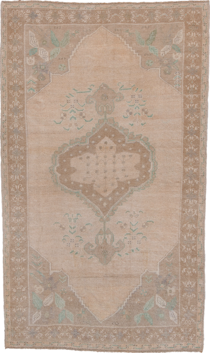4' x 7' one-of-a-kind handmade vintage Oushak rug. Color palette: brown, gray, light gray, off-white, orange, pink