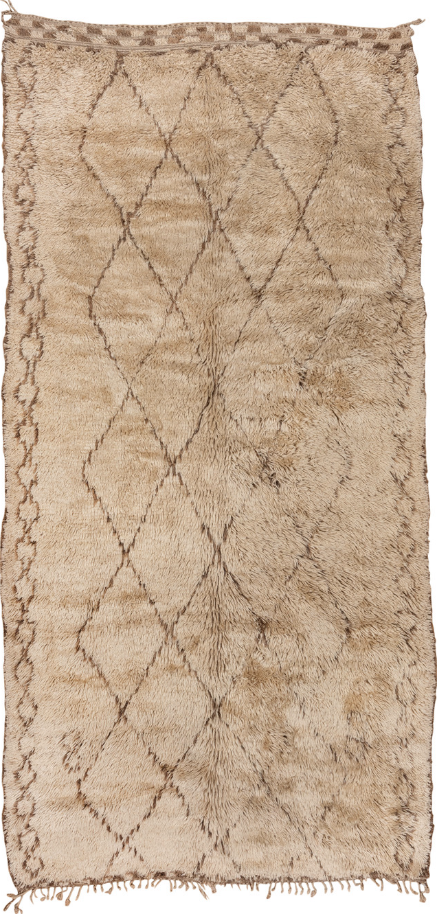 6' x 12' one-of-a-kind handmade vintage Moroccan large size rug. Color palette: brown, off-white, orange, pink