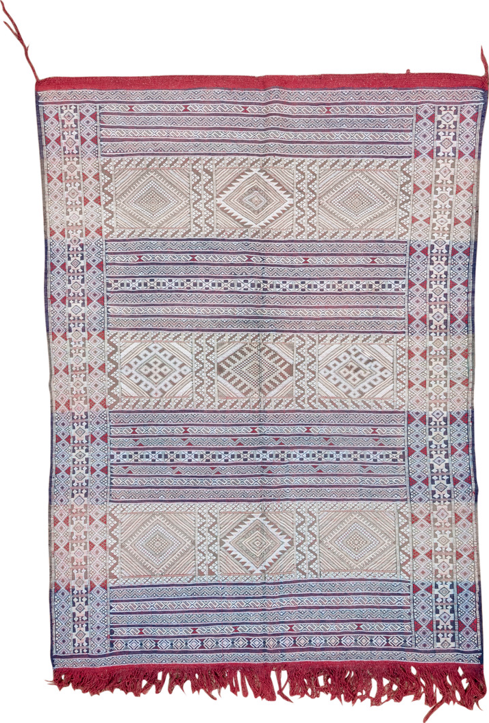 5' x 7' one-of-a-kind handmade vintage Jijim rug. Color palette: blue, gainsboro, gray, light gray, off-white, pink, red