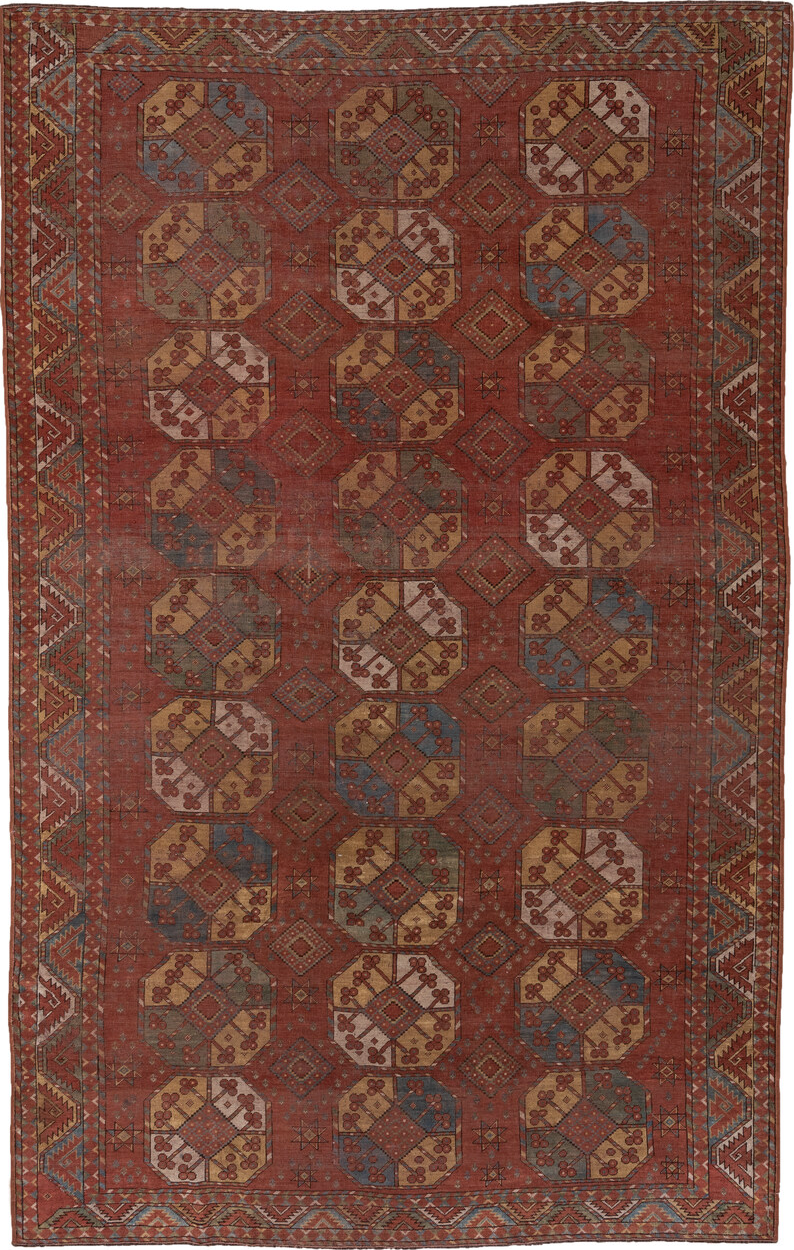 7' x 11' one-of-a-kind handmade vintage Afghan large size rug. Color palette: brown, gray, pink, red