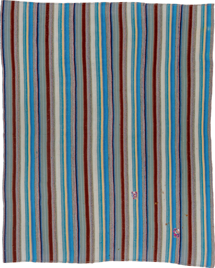 6' x 7' one-of-a-kind handmade vintage Flatweave rug. Color palette: arapawa, blue, brown, dark gray, dim gray, gray