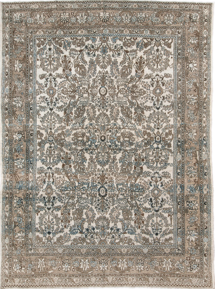 8' x 11' one-of-a-kind handmade vintage Bibikabad large size rug. Color palette: gray, off-white, light gray, blue, old lace