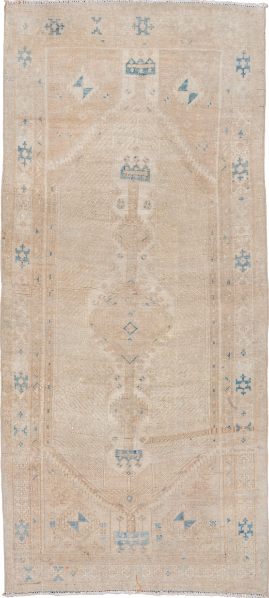 3' x 7' one-of-a-kind handmade vintage Sarab runner rug. Color palette: brown, dark gray, gray, light gray, off-white, pink