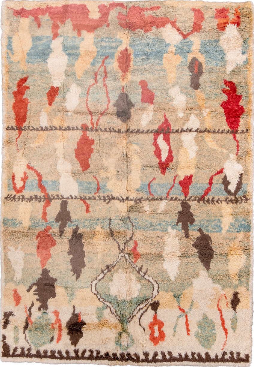 6' x 10' one-of-a-kind handmade vintage Moroccan large size rug. Color palette: red, brown, pink, off-white, orange, gray