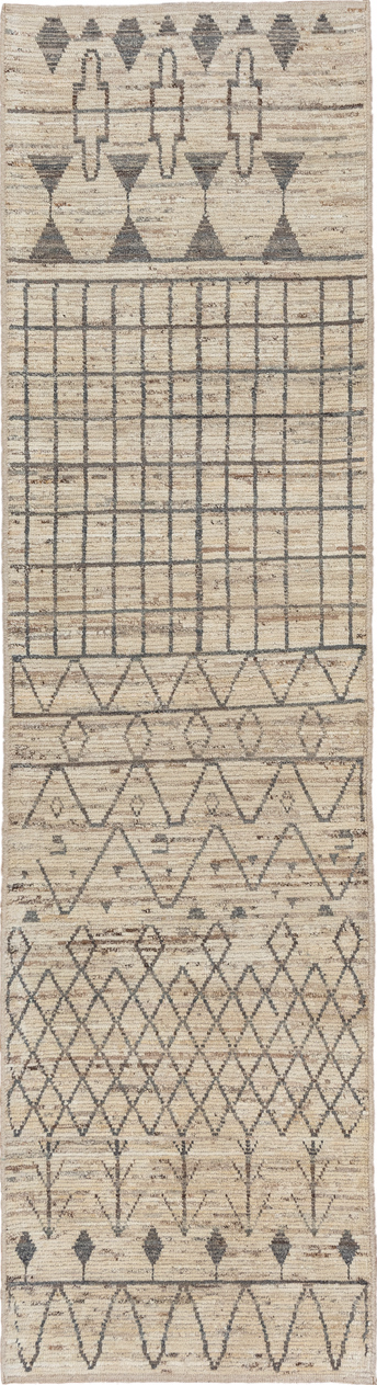 3' x 11' one-of-a-kind handmade vintage Tulu runner rug. Color palette: brown, dim gray, gainsboro, gray, light gray