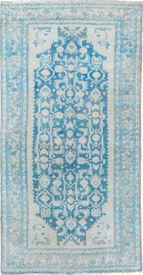 3' x 6' one-of-a-kind handmade vintage Malayer small size rug. Color palette: arapawa, blue, dark gray, gainsboro, gray