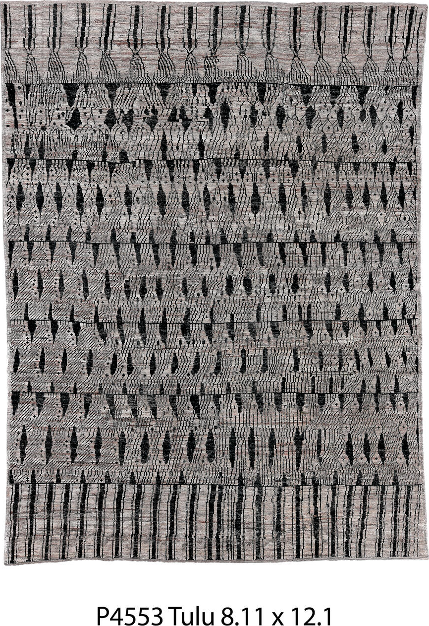 8' x 12' one-of-a-kind handmade vintage Tulu large size rug. Color palette: black, charcoal, dark gray, dim gray, gainsboro