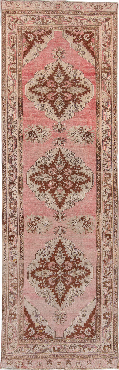 3' x 10' one-of-a-kind handmade vintage Oushak runner rug. Color palette: brown, gray, light gray, off-white, orange, pink