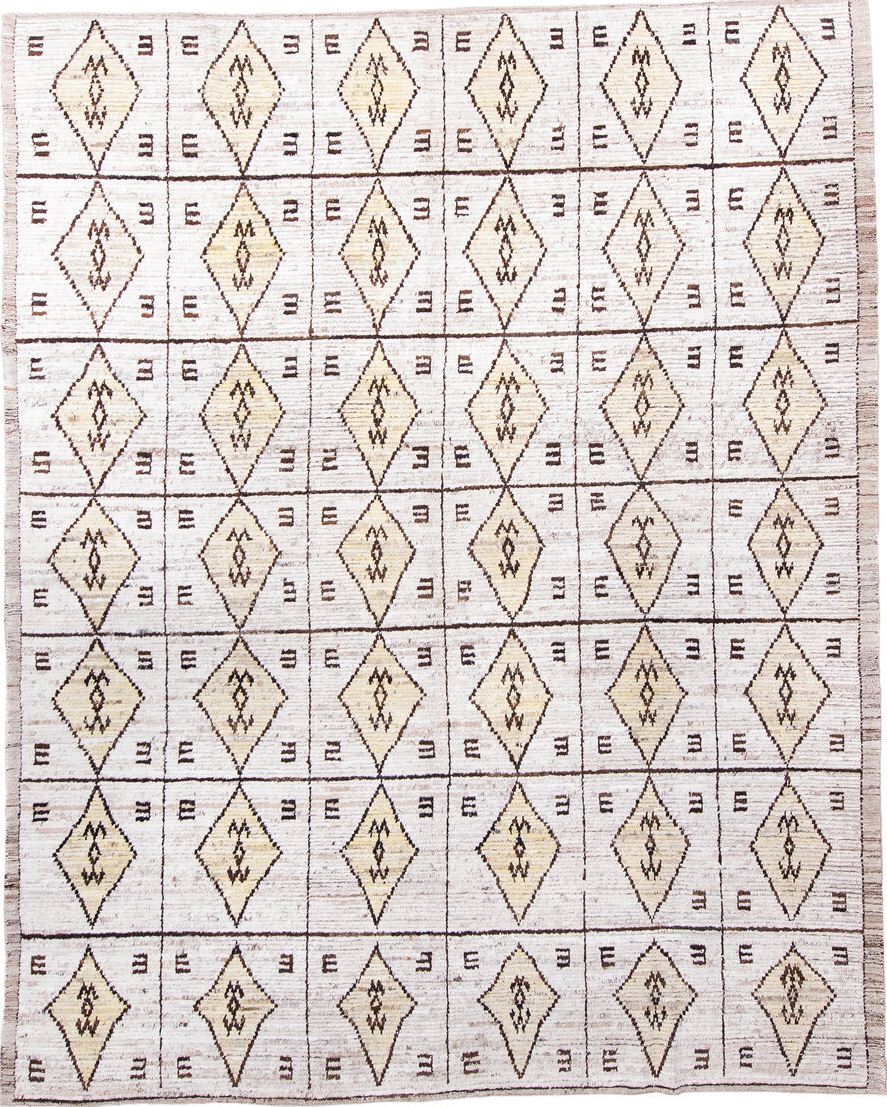 9' x 11' one-of-a-kind handmade vintage Tulu large size rug. Color palette: off-white, gray, pink, light gray, brown, black