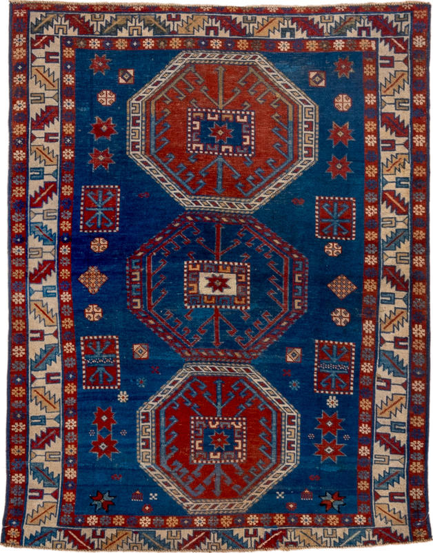 3' x 4' one-of-a-kind handmade vintage Shirvan small size rug. Color palette: arapawa, blue, brown, dim gray, gray, red