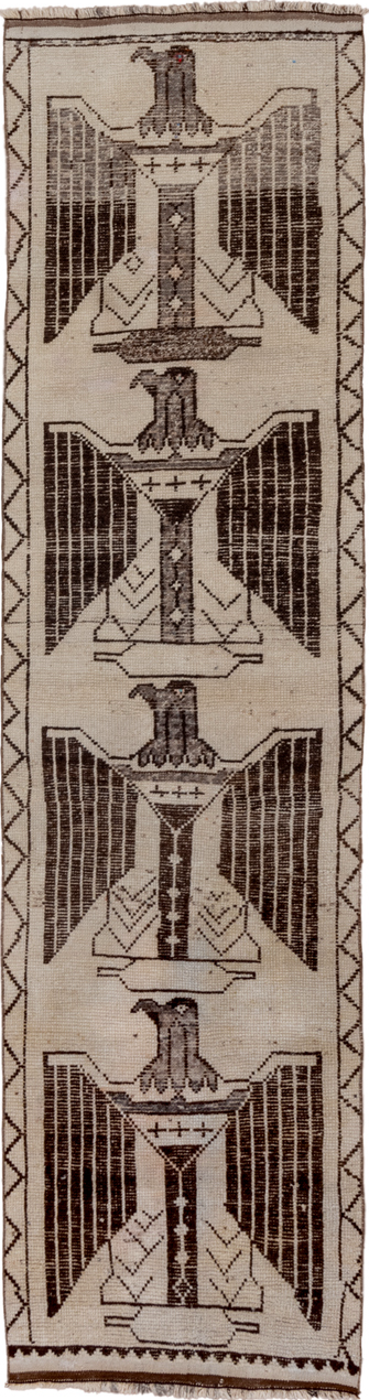 3' x 11' one-of-a-kind handmade vintage Kars runner rug. Color palette: black, brown, gray, light gray, off-white, snow