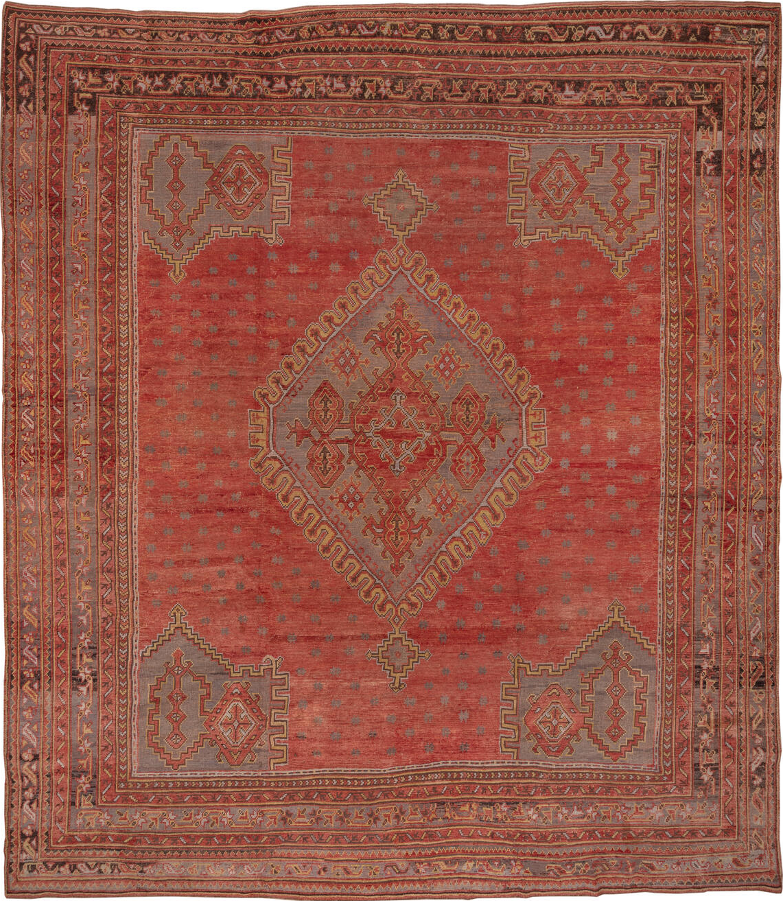 13' x 15' one-of-a-kind handmade vintage Oushak oversize rug. Color palette: brown, pink, red, redwood