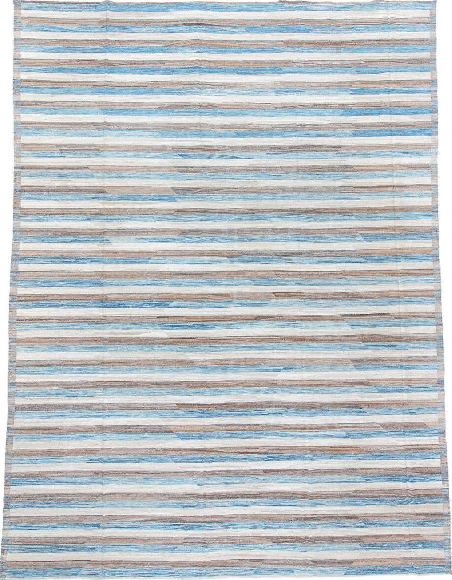 13' x 18' one-of-a-kind handmade vintage Kilim oversize rug. Color palette: black, blue, dark gray, gray, light blue