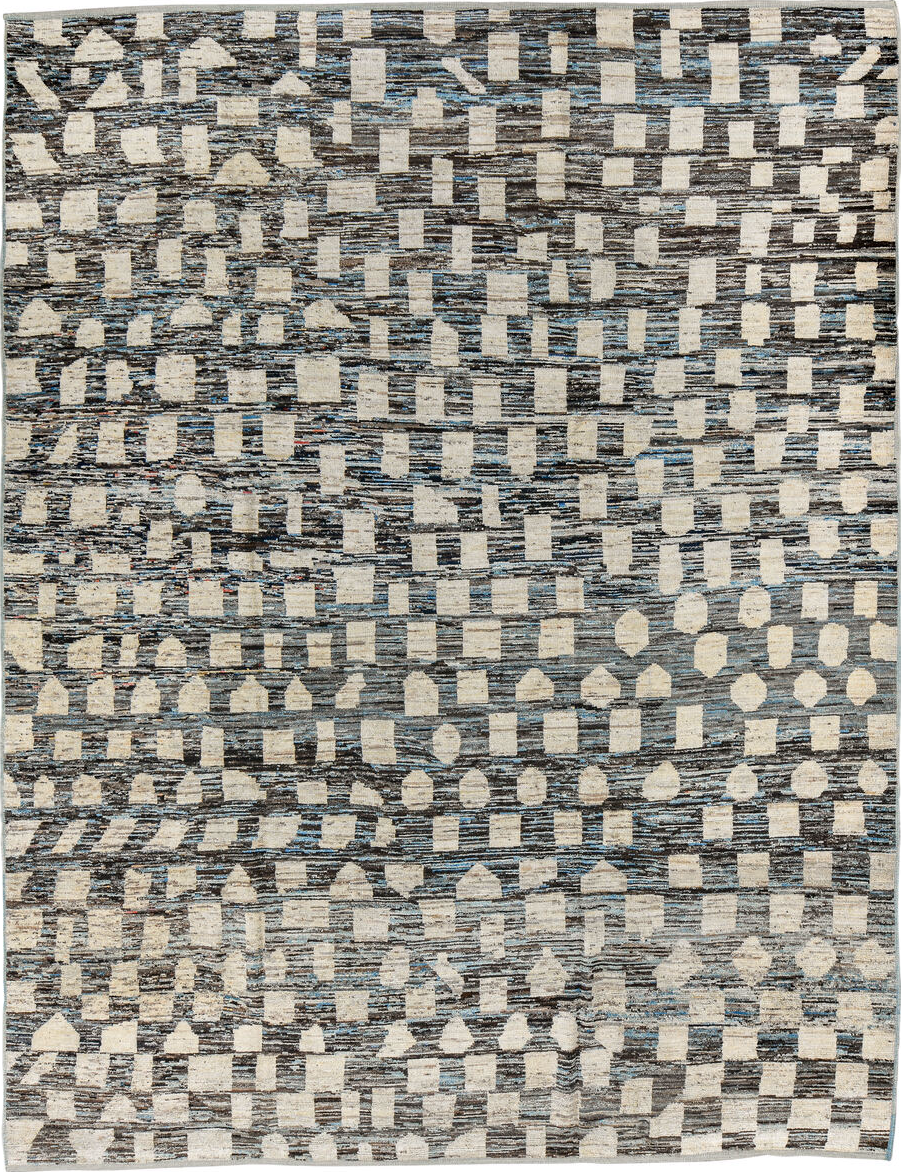 9' x 12' one-of-a-kind handmade vintage Tulu large size rug. Color palette: black, blue, dark gray, gray, light blue