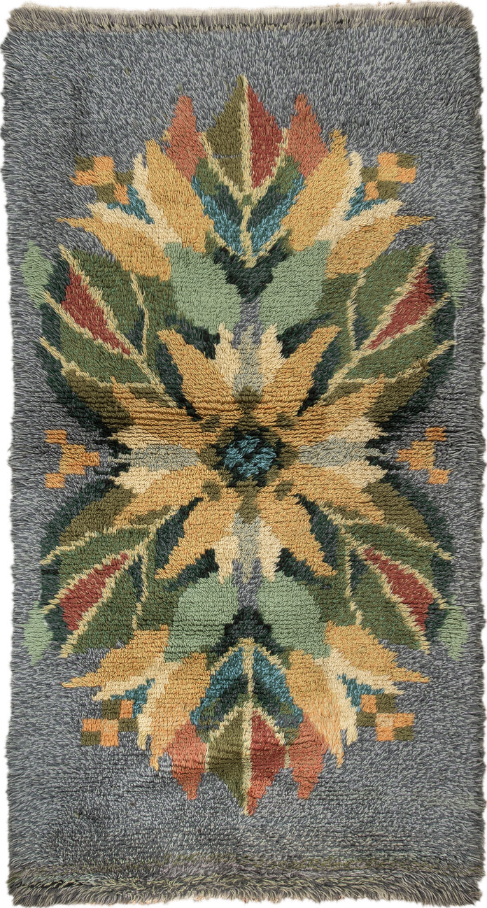 3' x 6' one-of-a-kind handmade vintage Swedish small size rug. Color palette: black, brown, burlywood, charcoal, dark gray
