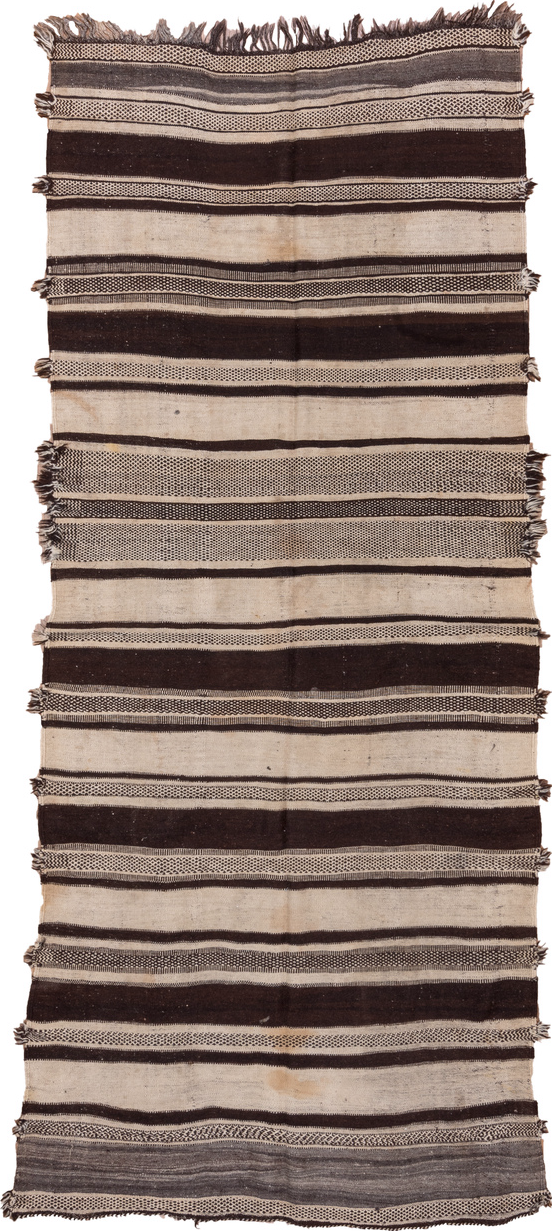 4' x 10' one-of-a-kind handmade vintage Blanket runner rug. Color palette: brown, gray, light gray, off-white, pink