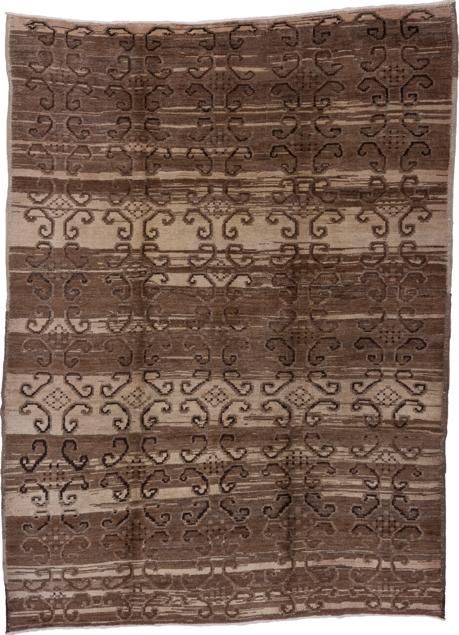 7' x 9' one-of-a-kind handmade vintage Oushak rug. Color palette: brown, gray, light gray, off-white, pink, redwood, silver