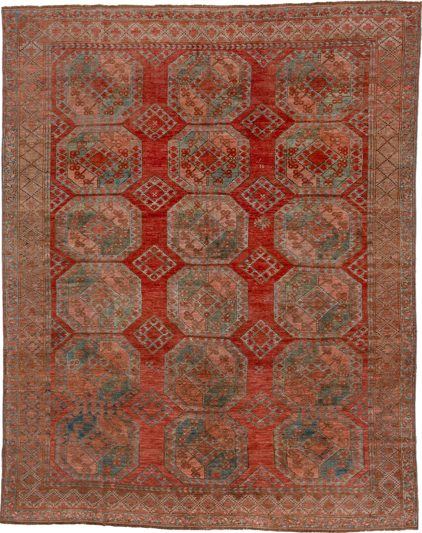 7' x 8' one-of-a-kind handmade vintage Afghan rug. Color palette: brown, dim gray, gray, pink, red