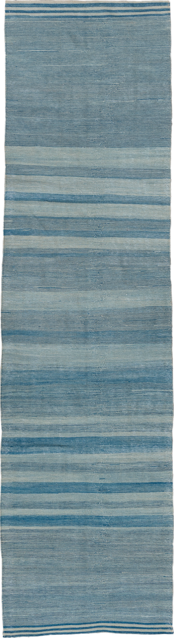 2' x 9' one-of-a-kind handmade vintage Kilim runner rug. Color palette: gray, blue, light gray, light blue, slate gray