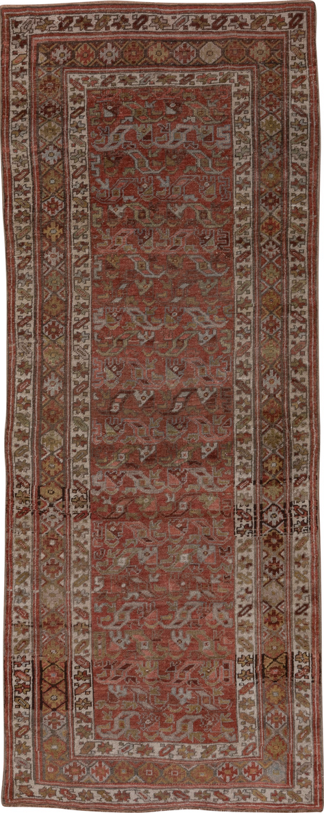 3' x 9' one-of-a-kind handmade vintage Bidjar runner rug. Color palette: brown, gray, pink, red
