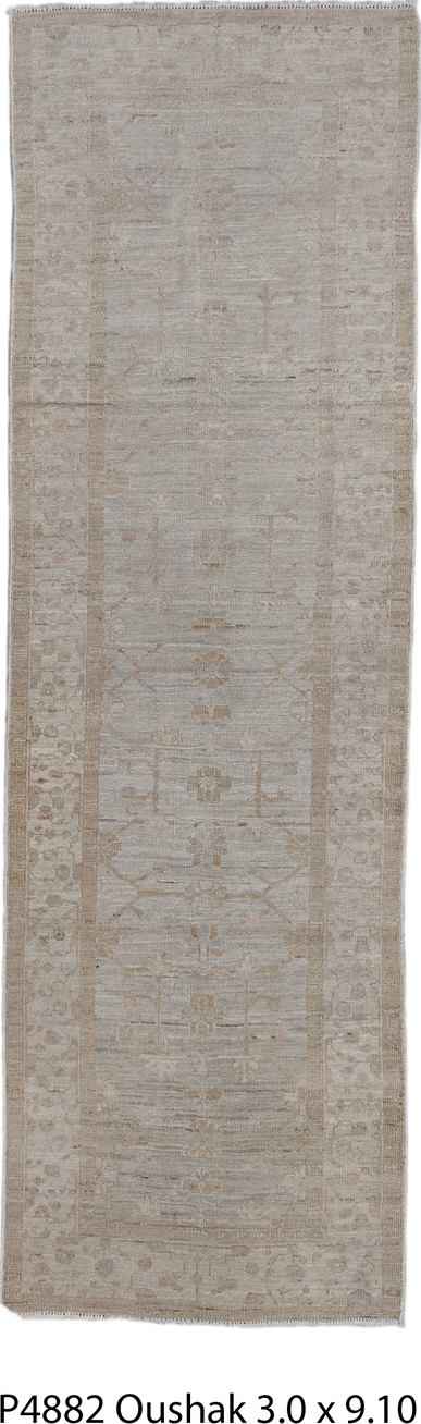 3' x 9' one-of-a-kind handmade vintage Oushak runner rug. Color palette: dark gray, gray, light gray, off-white, pink