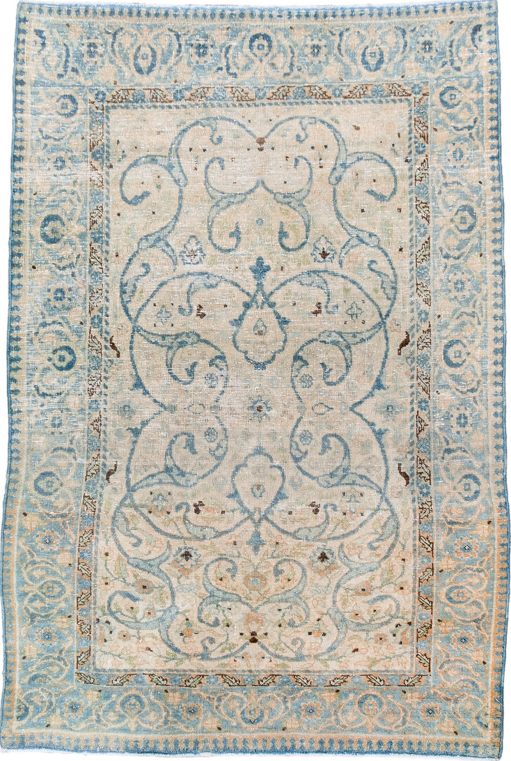 2' x 4' one-of-a-kind handmade vintage Tabriz small size rug. Color palette: antiquewhite, blue, brown, gainsboro, gray