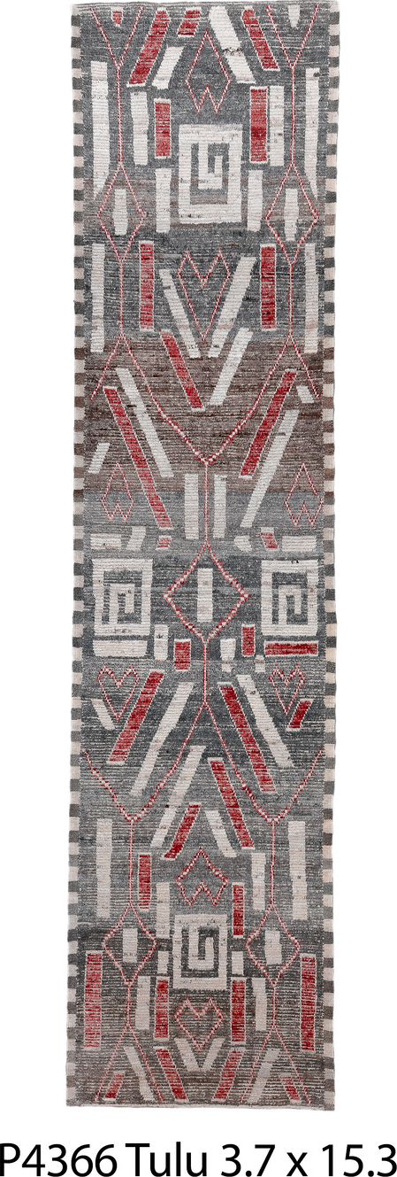 3' x 15' one-of-a-kind handmade vintage Tulu runner rug. Color palette: black, brown, charcoal, dark gray, dim gray, gray