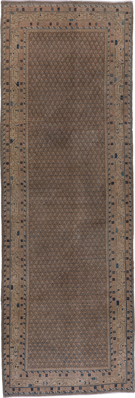 3' x 10' one-of-a-kind handmade vintage Mahal runner rug. Color palette: arapawa, black, blue, brown, dark gray, dim gray