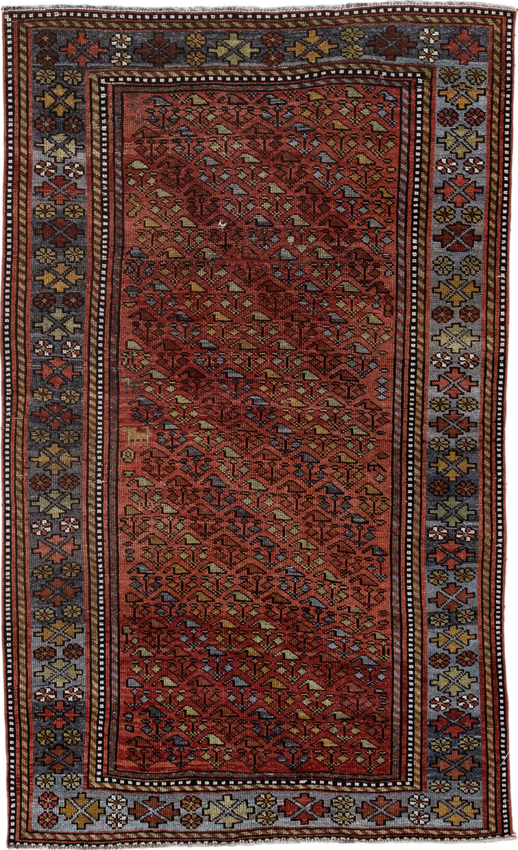 3' x 6' one-of-a-kind handmade vintage Kurd small size rug. Color palette: black, brown, charcoal, dim gray, gray
