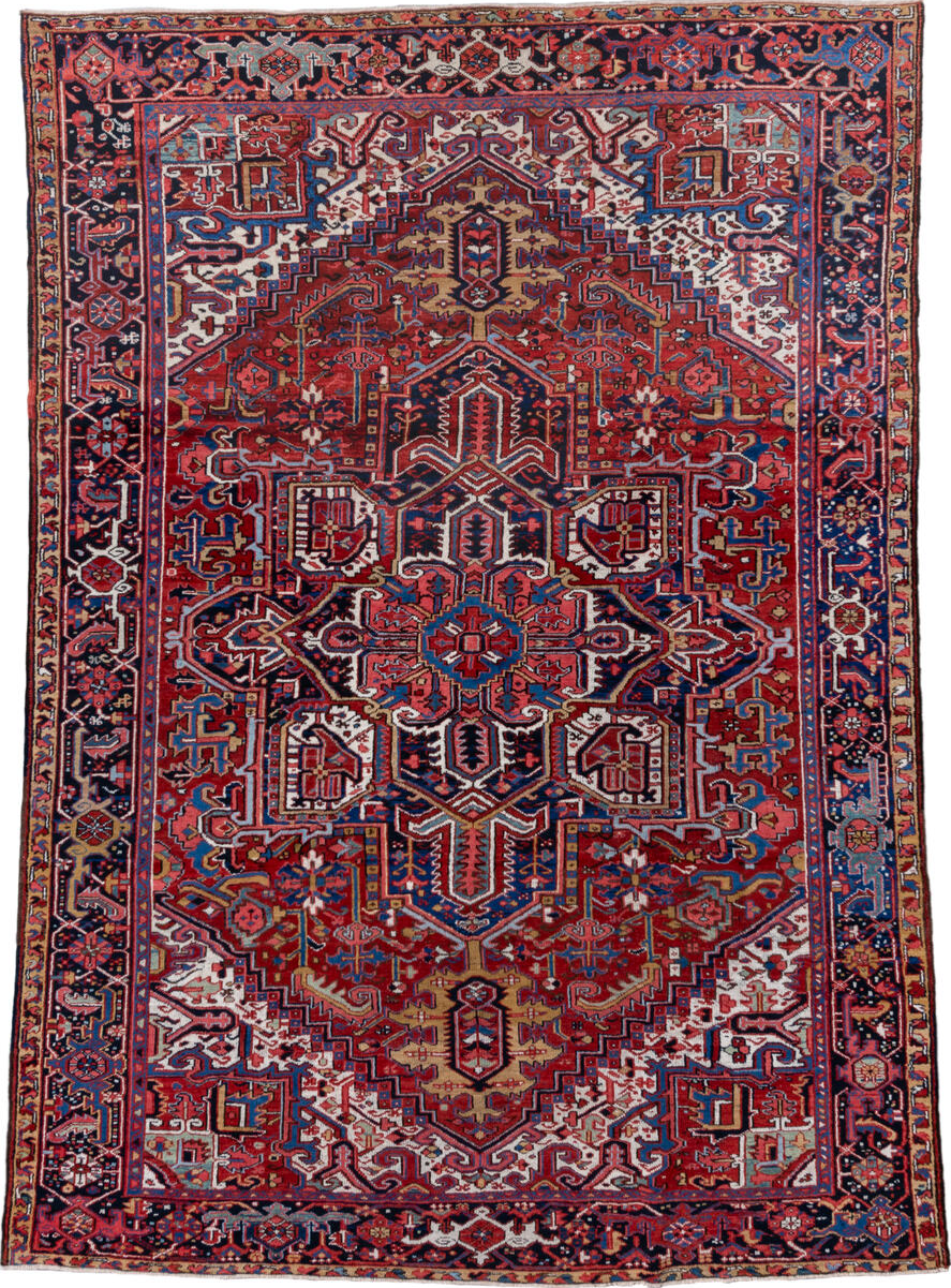 7' x 10' one-of-a-kind handmade vintage Heriz large size rug. Color palette: blue, brown, dim gray, gray, indian red