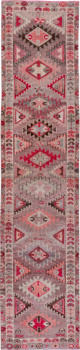 2' x 11' one-of-a-kind handmade vintage Oushak runner rug. Color palette: brown, gray, light gray, off-white, pink, red