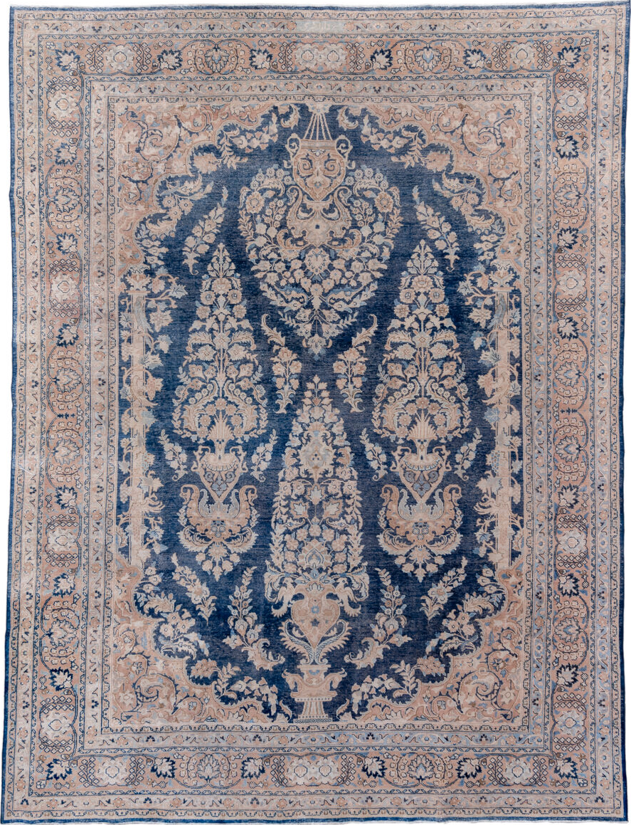 9' x 12' one-of-a-kind handmade vintage Meshed large size rug. Color palette: blue, dark gray, dim gray, fiord, gray