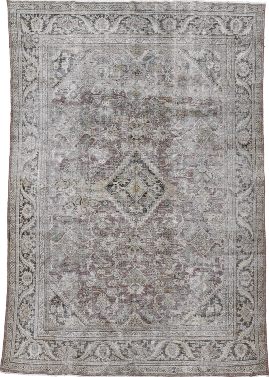 8' x 12' one-of-a-kind handmade vintage Mahal large size rug. Color palette: gray, brown, light gray, off-white, dim gray