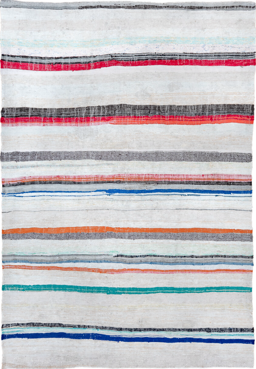 6' x 8' one-of-a-kind handmade vintage Rag Rug medium size rug. Color palette: alice blue, azure, black, blue, brown