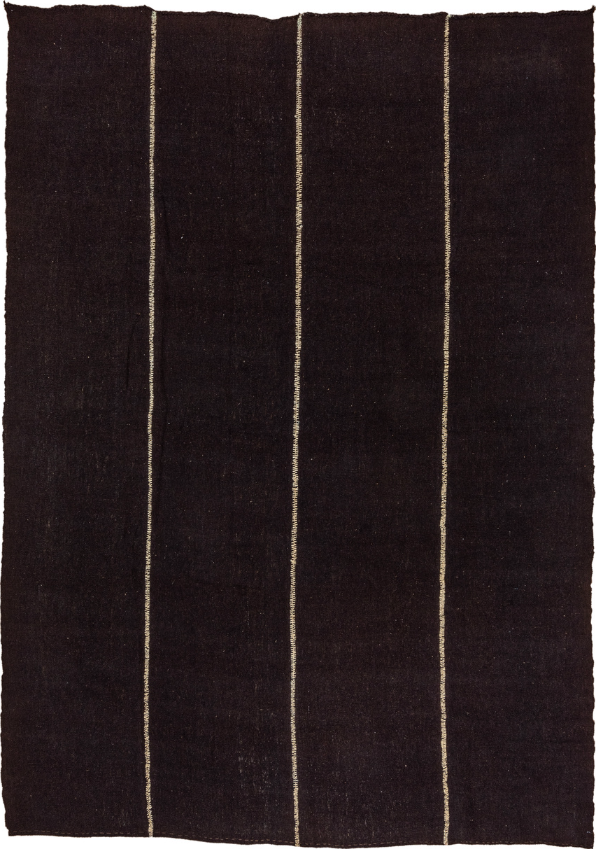 8' x 12' one-of-a-kind handmade vintage Kilim large size rug. Color palette: black, blanched almond, brown, charcoal, gray