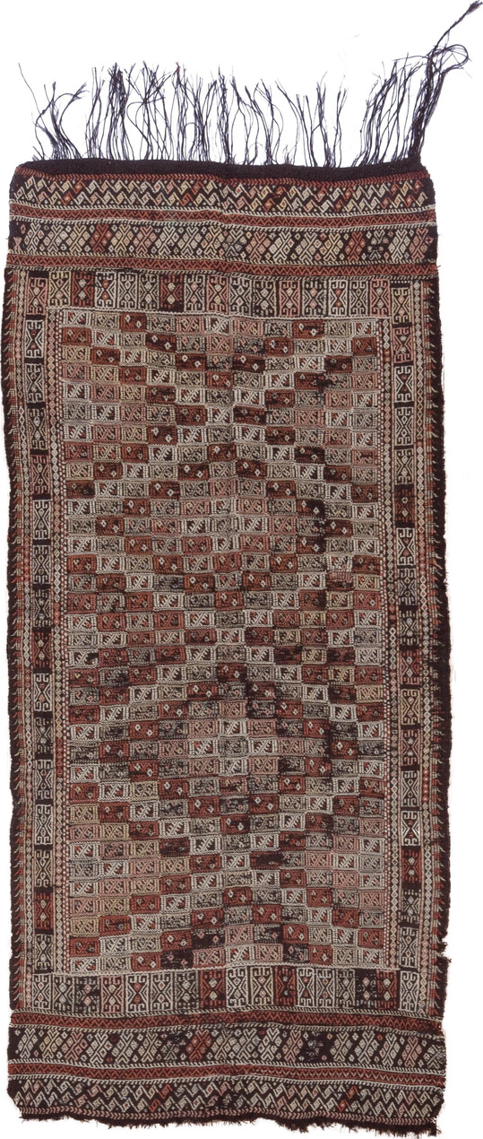 4' x 8' one-of-a-kind handmade vintage Jijim runner rug. Color palette: brown, gray, light gray, pink, redwood