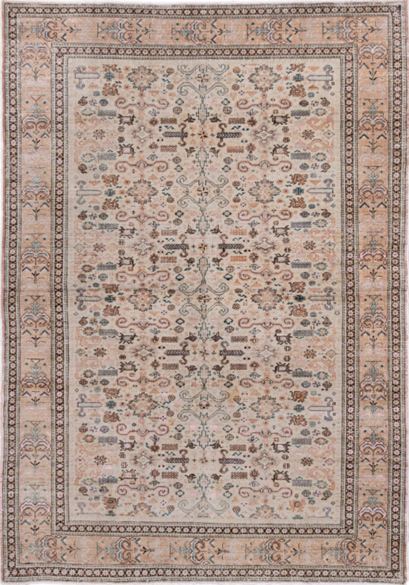 5' x 7' one-of-a-kind handmade vintage Kaisary rug. Color palette: blue, brown, dim gray, gray, light gray, off-white, pink